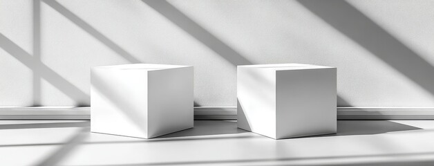 Poster - 3d white booth stand room with wall mockup. empty display corner with podium on floor mockup templat