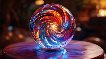 Poster - Captivating colorful glass swirl sphere displaying a mesmerizing dance of light on a rustic wooden surface