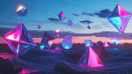 Poster - A surreal exploration of colorful geometric shapes in an enchanted landscape of vibrant light and dreamlike forms