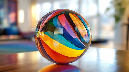 Poster - Captivating colorful sphere resting on wooden surface amidst a softly blurred background providing a sense of serenity and wonder