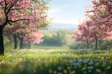 Wall Mural - Serene Spring Landscape with Blooming Cherry Trees and Colorful Wildflowers