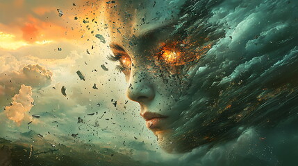 Poster - A captivating fantasy portrait of a woman's face merging with nature's elements featuring fiery eyes and surreal cloudscapes