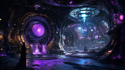Poster - Exploring the futuristic interior design of a sci-fi space with glowing purple lights and intricate patterns for a unique visual experience