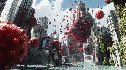 Aufkleber - Exploring a futuristic cityscape with vibrant red spheres hovering above tall buildings and lush greenery in a dystopian landscape