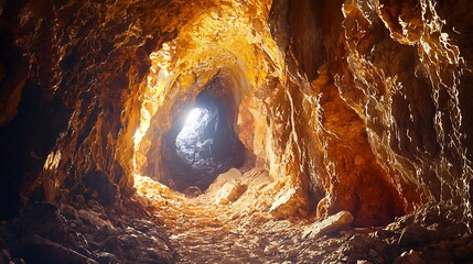 Aufkleber - Exploring the majestic illuminated cave interior with stunning golden rock formations that captivate the imagination