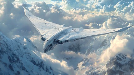Aufkleber - A vision of the future the evolution of aerodynamics with a flapping-wing plane soaring above majestic peaks and clouds