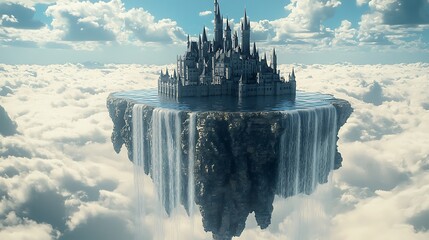 Poster - A majestic floating castle enveloped by cascading waters amidst the clouds a dreamlike architectural marvel