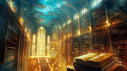 Poster - Exploring a grand library with empty bookshelves under a mystical sky where every book holds untold stories and secrets
