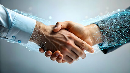 Data Streams Handshake Concept Image Two Hands Forming Handshake with Flowing Data Streams on Plain Background Symbolizing Global Partnerships and Connectivity in Photo Stock Concept