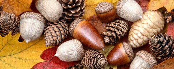 Autumn leaves, acorns, and pine cones arranged in a cozy, natural pile, representing the textures and colors of the fall season