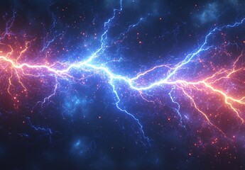 Poster - Stylish contemporary 3D illustration of blue thunderbolt light and electric discharge on black background. Lightning strike border. Realistic 3D modern illustration of lightning strike.