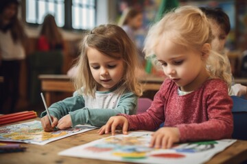 Canvas Print - Kids drawing together student child concentration.