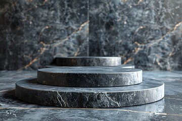 Canvas Print - Elegant Circular Stone Platforms in a Modern Marble Setting