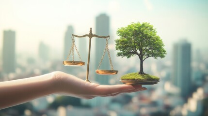 Poster - A hand holds a balancing scale on one side and a tree on the other, symbolizing the harmony between justice and environmental sustainability.