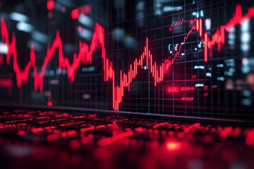 Poster - A digital graph displaying fluctuating stock market trends in red tones.