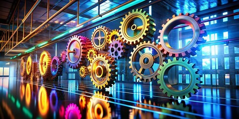 Poster - Gears on Digital Display Reflecting Workflow Optimization and Automation Concepts for Digital Transformation and