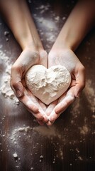 Hands creating heart shapes with flour while baking ingredient freshness holding.