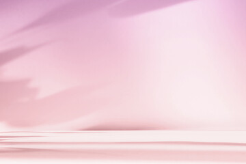 Fototapete - Abstract pink color gradient studio background for product presentation. Empty room with shadows of flowers and plant leaves. 3d orange room with copy space. Summer concept. Blurred backdrop