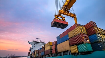 Crane Lifting Cargo Containers at Dusk in Busy Port