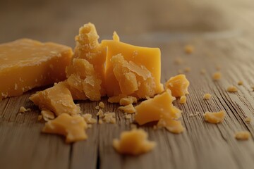 Poster - Close-up of Crumbled Cheddar Cheese on Wooden Surface