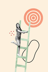 Aufkleber - Creative trend collage of lovely young female climb ladder marketing achieve aim hit target fantasy billboard comics zine minimal
