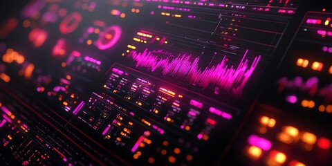 Poster - Futuristic digital interface with glowing pink and orange lines, charts, and data.
