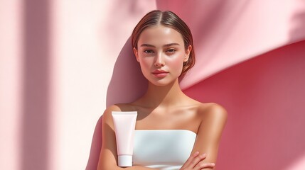 Poster - White skincare tube mockup a pink abstract background with soft blue shadows and rounded shapes creating a clean and minimalistic look perfect for promoting beauty and skincare products