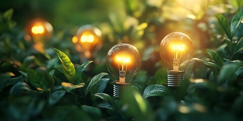 Glowing light bulbs in green leaves.