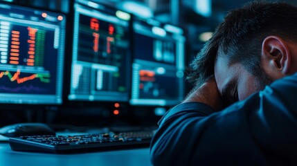 A stressed individual looks at multiple screens displaying financial data, conveying a sense of anxiety related to trading or investing.