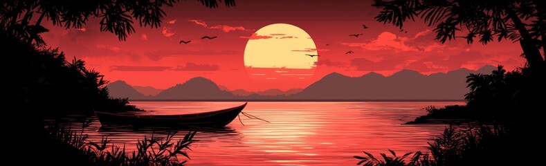 In this modern cartoon illustration, a motor boat floats on water surface, underwater plants and lianas on tropical trees, birds fly in an orange sunset sky, and summer travel is shown.