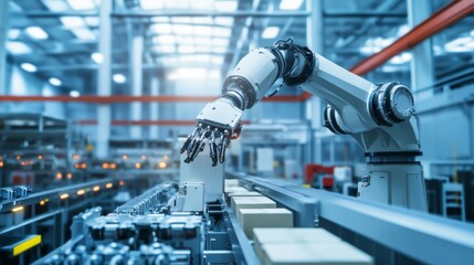 Leinwandbilder - A robot assisting in high-speed packaging operations in a modern manufacturing plant with clean production lines and organized workstations, Packaging tech style, photo of