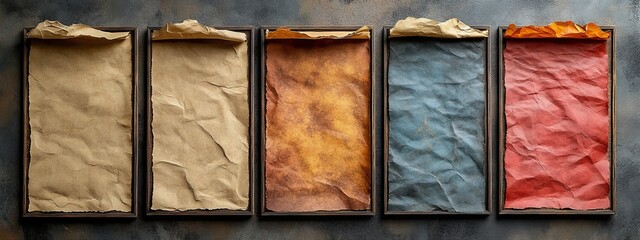 Poster - Bruised brown craft paper with wrinkles. Crumpled vintage paper for creating collages. Realistic 3D illustration mockup set of wrinkled blank memo notes. Ripped cardboard strips.