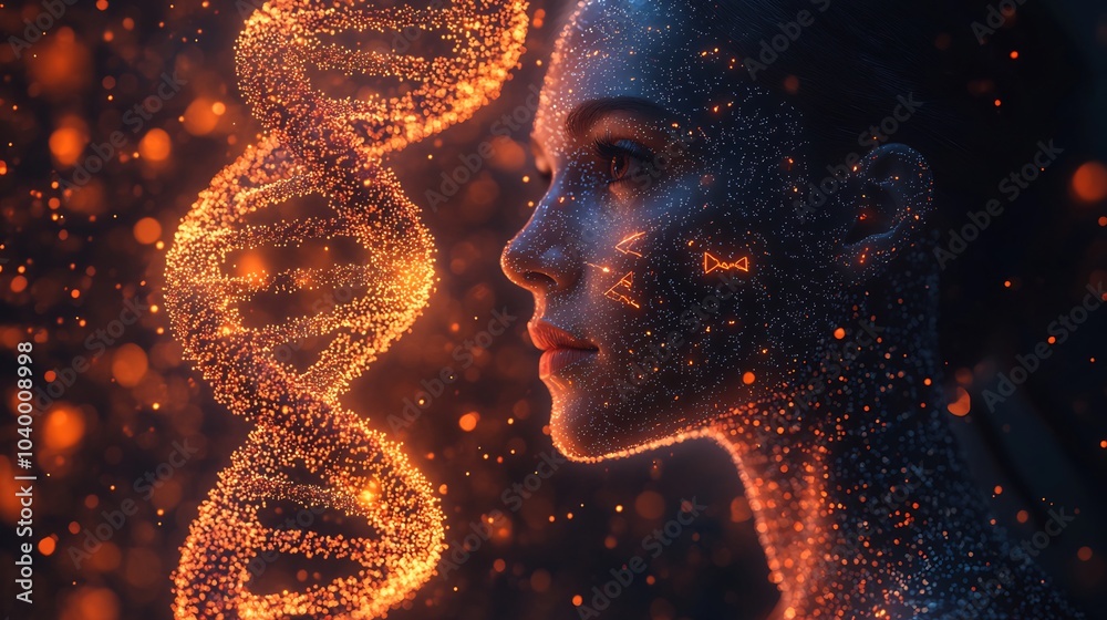 Artistic rendering of human DNA helix merging digital data streams ...