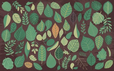 Green leaf pattern. Hand-drawn illustration of various green leaves on a brown background.  The leaves are arranged in a random pattern, creating a sense of nature and growth.