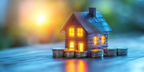Poster - Miniature house sits on a pile of coins, symbolizing the cost of homeownership.