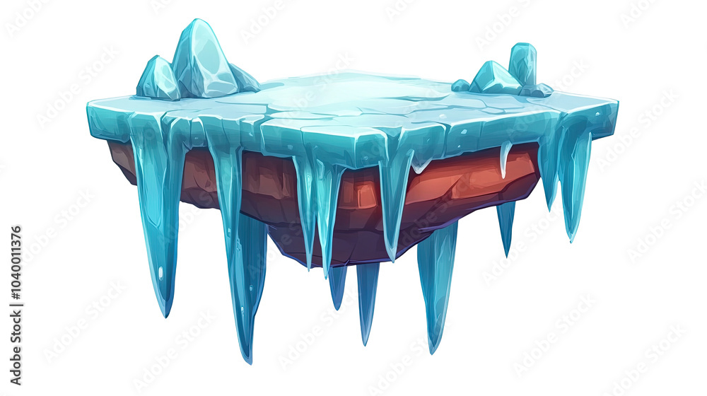 Frozen island, floating ice platform for mobile games, cartoon style,  transparent background