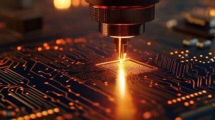 Poster - A close-up image of a laser etching process on a microchip circuit board, highlighting the precision and intricacy of modern electronics manufacturing.