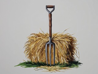 Hay fork hand drawn painted painting illustration on plain white background