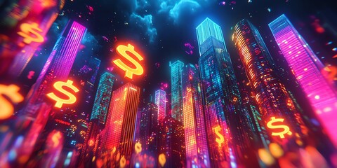 Wall Mural - neon cityscape with glowing dollar signs floating in the air.