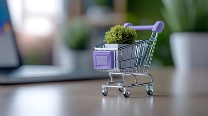 Wall Mural - Minimalist shopping cart line icon with neumorphic purple gradient buttons creating a clean and modern online buying symbol  3D elements and a simple