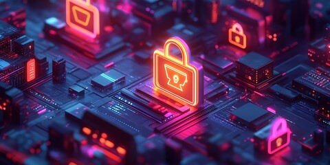 Poster - Neon padlock glowing on a circuit board.