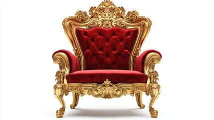 Sticker - A magnificent golden throne featuring intricate baroque designs and sumptuous red velvet, isolated against a striking white background