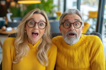 A humorous scene where an elderly couple in identical yellow sweaters display a look of surprise, seated in a cozy cafe, offering a glimpse into their playful bond.