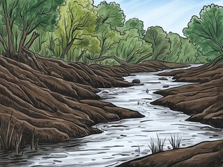 Canvas Print - Muddy riverbanks hand drawn painted painting illustration on plain white background