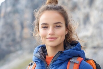 A young woman with curly hair stands on a rocky hiking trail, wearing a blue jacket and an orange shirt. She smiles brightly, surrounded by natural scenery.