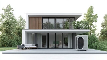 Poster - A large white house with a black roof and a black air conditioner on the roof
