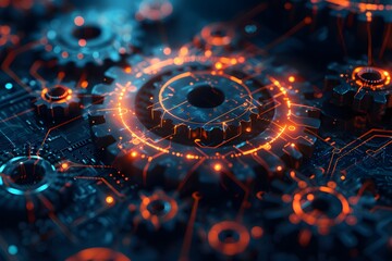 Poster - Intricate Gears and Circuitry Illuminated by Neon Lights