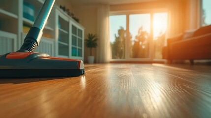 A modern and cozy living room with sunlight streaming through the windows and a vacuum cleaner on the polished floor for a fresh and clean environment