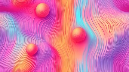 Abstract background with wavy lines in vibrant pink, blue, and orange colors with three spheres.