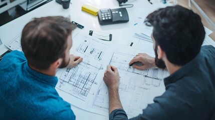 Two Engineers Collaborate on Technical Project,Analyzing Blueprints and Data